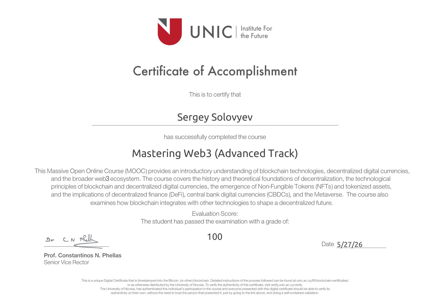 University of Nicosia Certificate of Accomplishment for Mastering Web3 Advanced Track, examination grade 100, dated 27 May 2026.