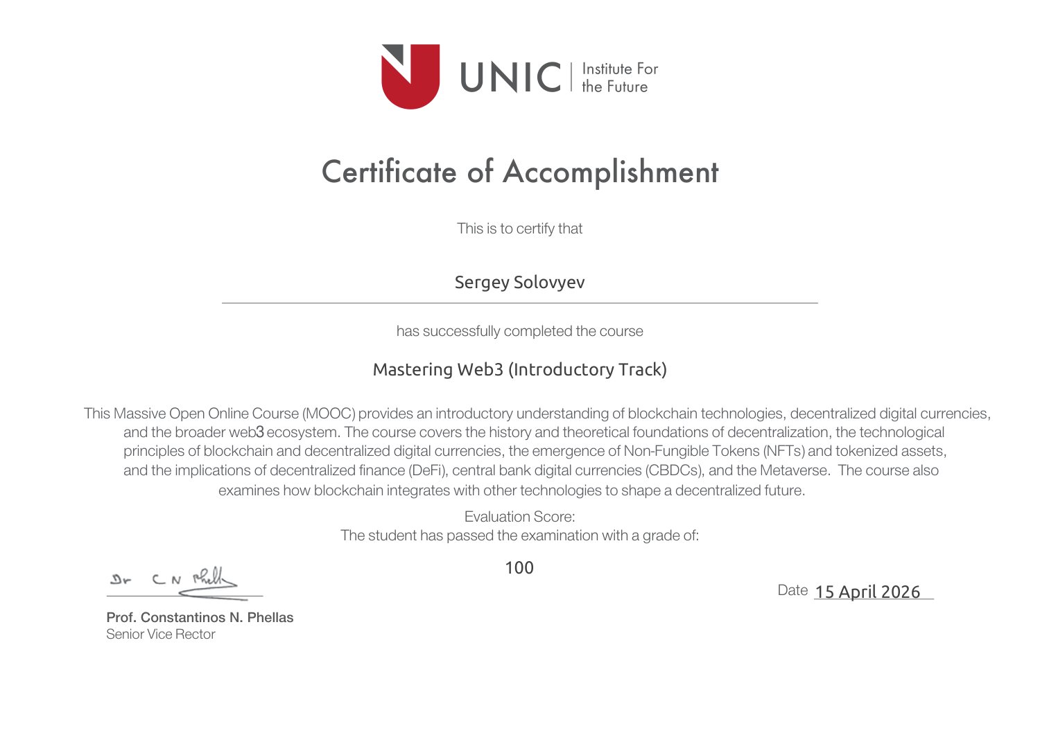 University of Nicosia Certificate of Accomplishment for Mastering Web3 Introductory Track, dated 20 April 2026.
